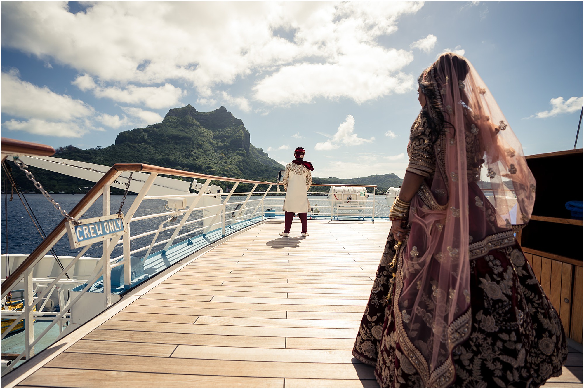 bora bora indian wedding first look on windstar cruise front deck