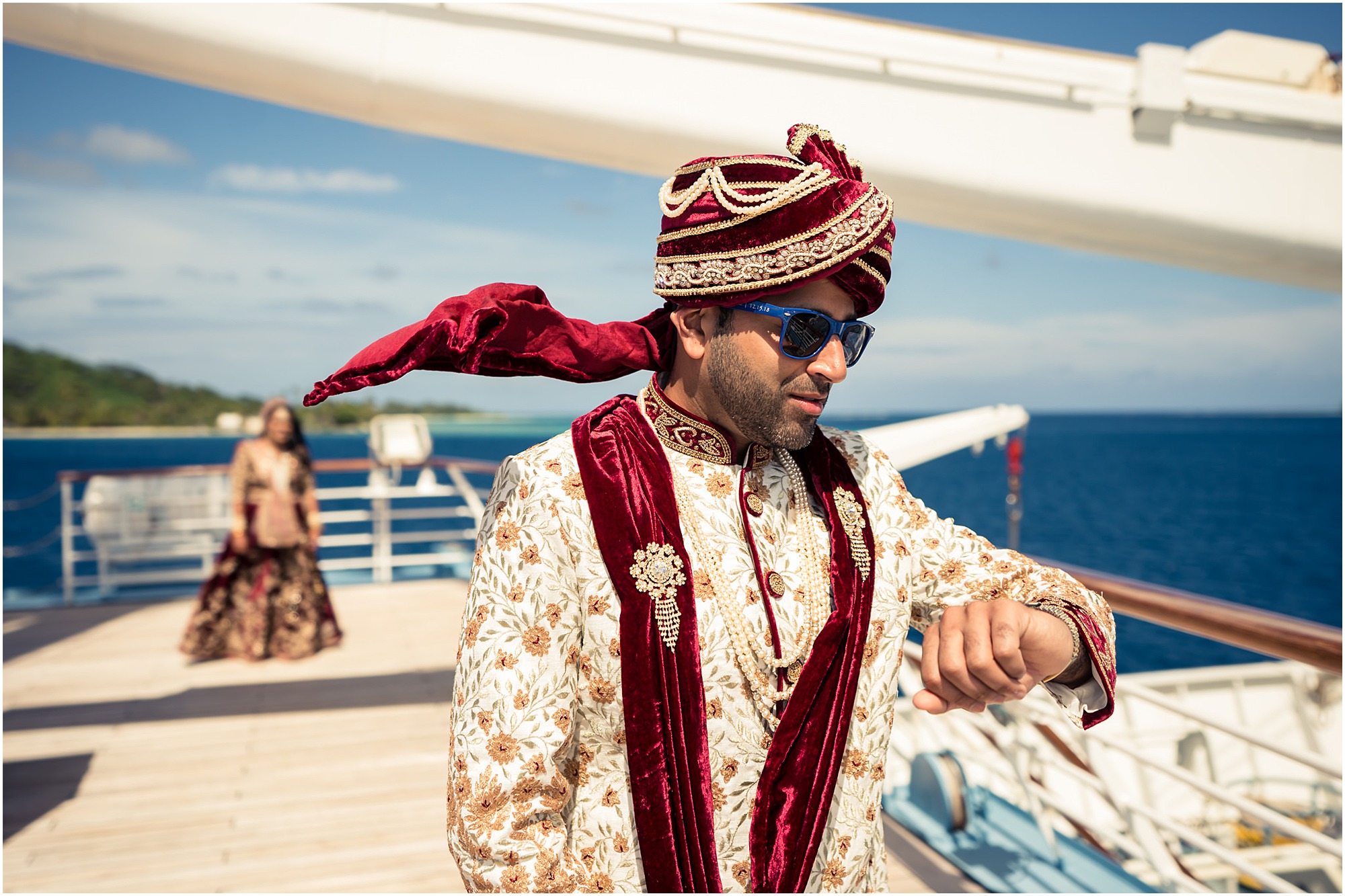 bora bora indian wedding first look on windstar cruise front deck