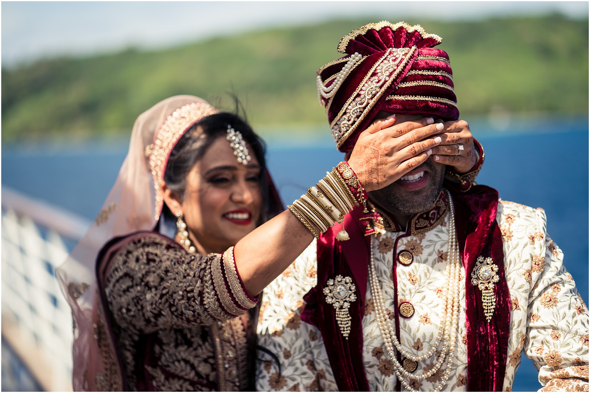 bora bora indian wedding first look on windstar cruise front deck