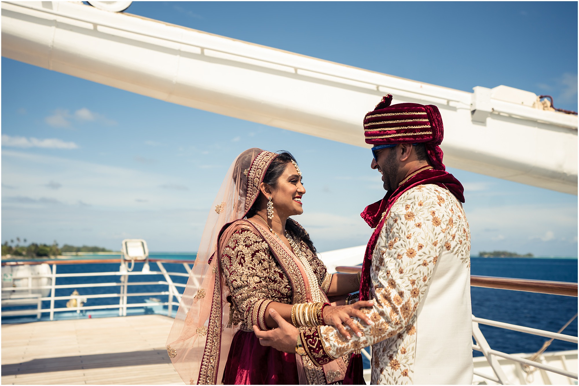 bora bora indian wedding first look on windstar cruise front deck