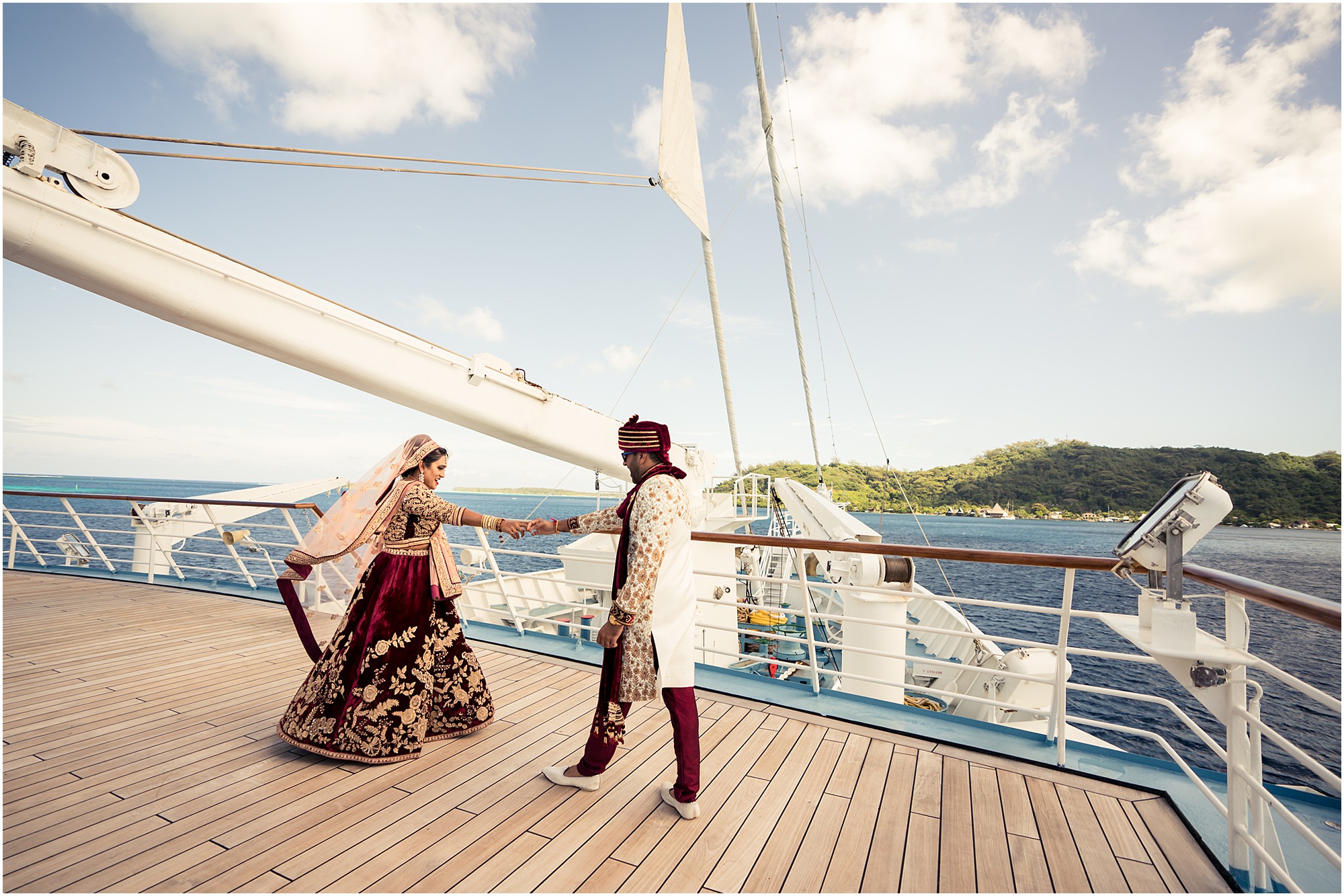 bora bora indian wedding first look on windstar cruise front deck