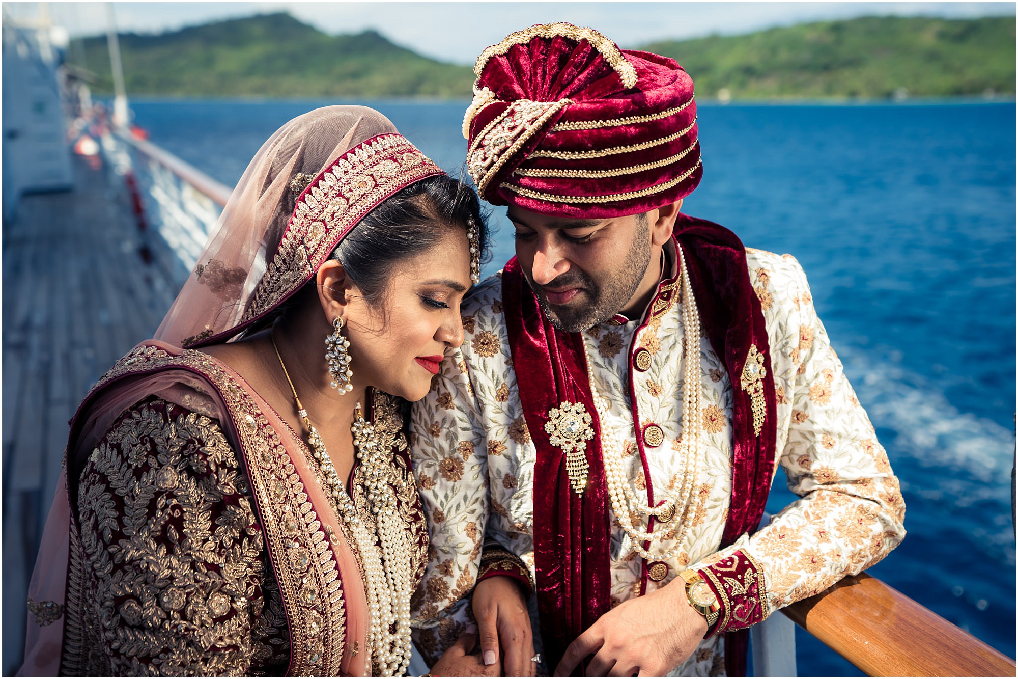 bora bora indian wedding first look on windstar cruise front deck