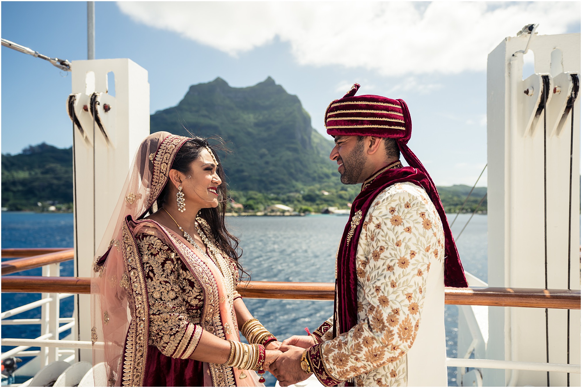 bora bora indian wedding first look on windstar cruise front deck