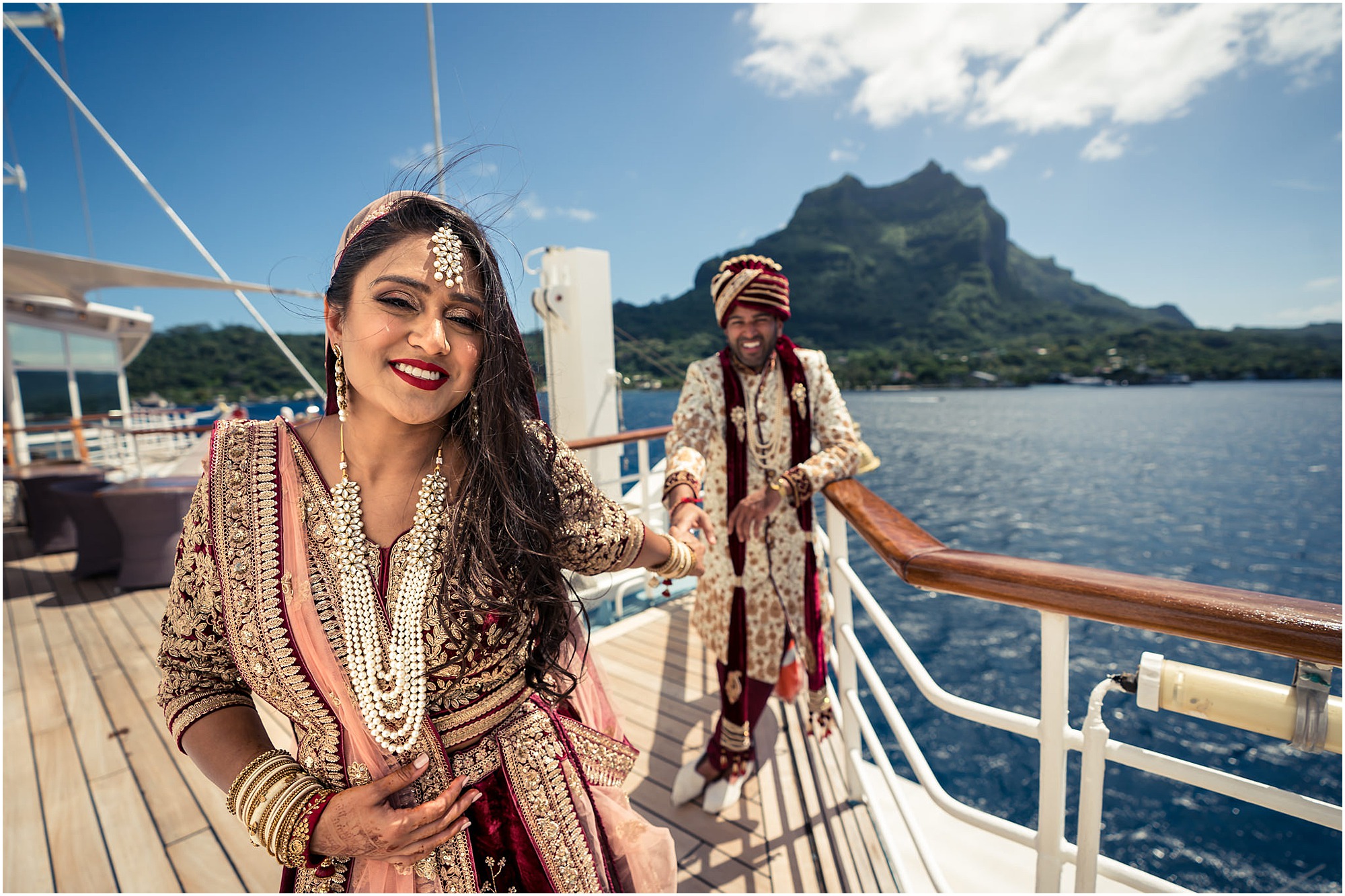 bora bora indian wedding first look on windstar cruise front deck