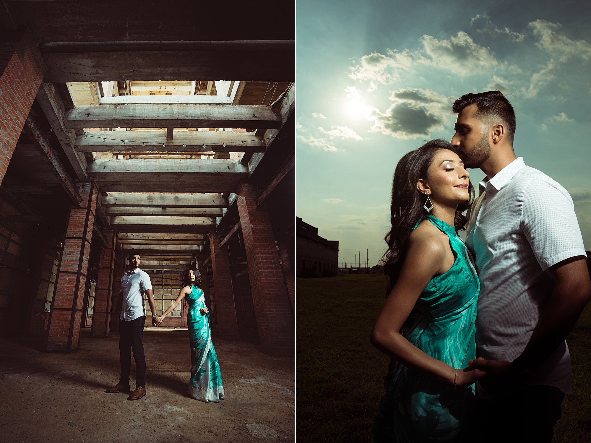 Sugar Land Imperial Factory photos with couple in green saari 