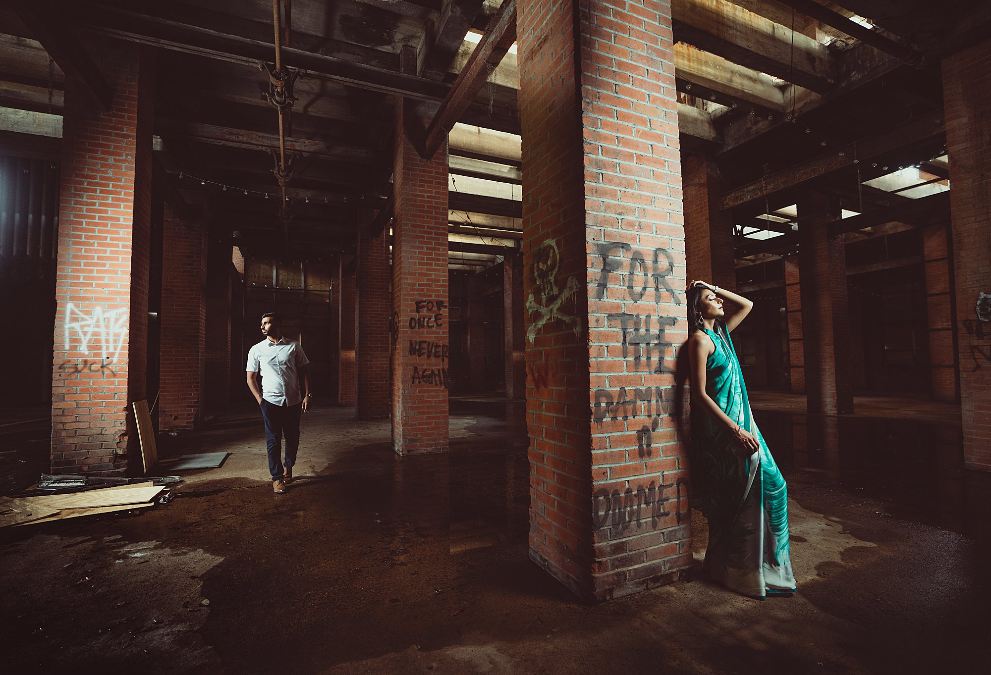 Sugar Land Imperial Factory photos with couple in green saari 