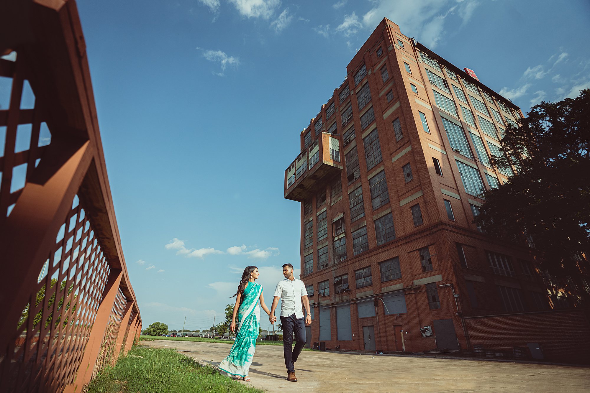 Sugar Land Imperial Factory photos with couple in green saari 