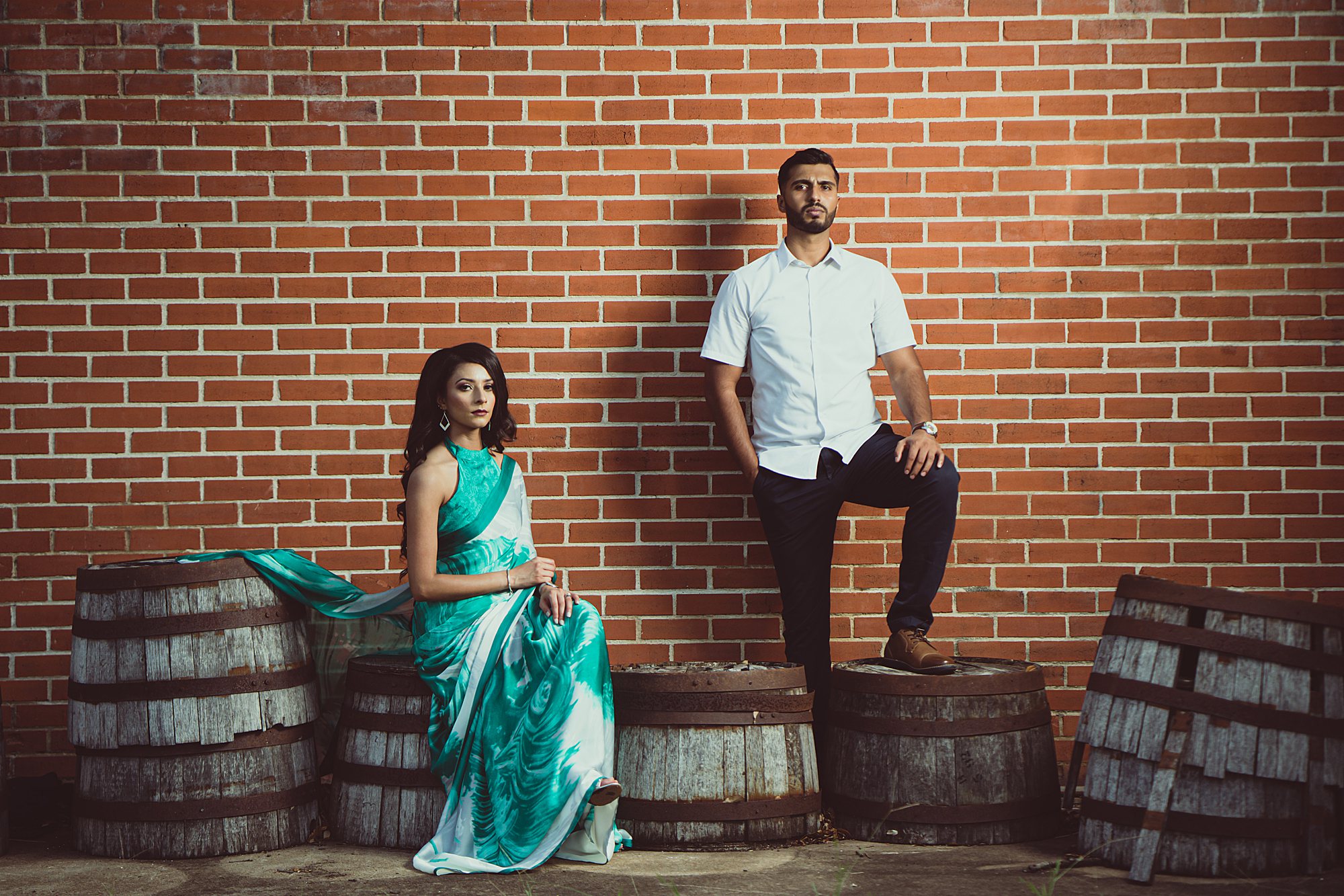 Sugar Land Imperial Factory photos with couple in green saari 