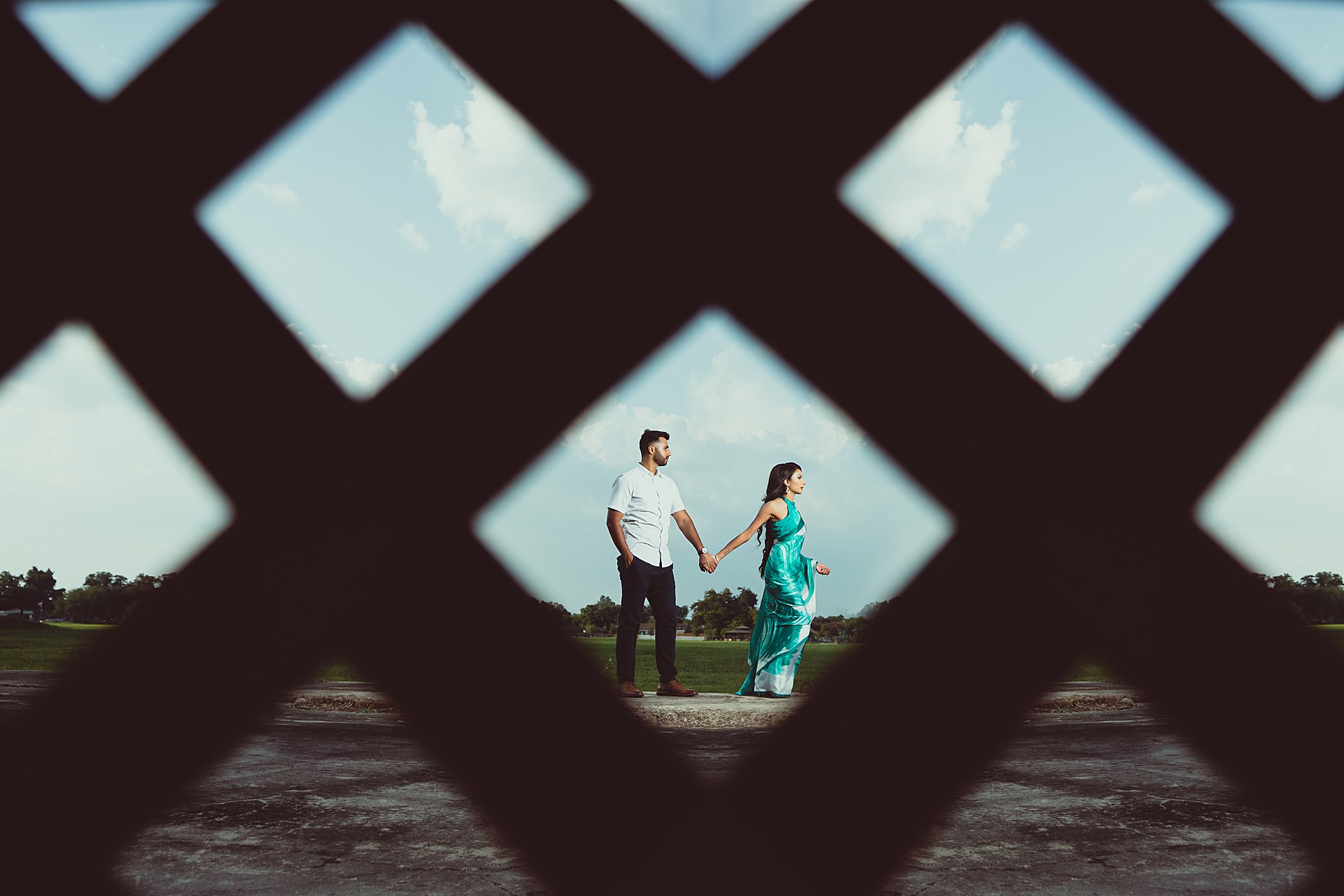 Sugar Land Imperial Factory photos with couple in green saari 