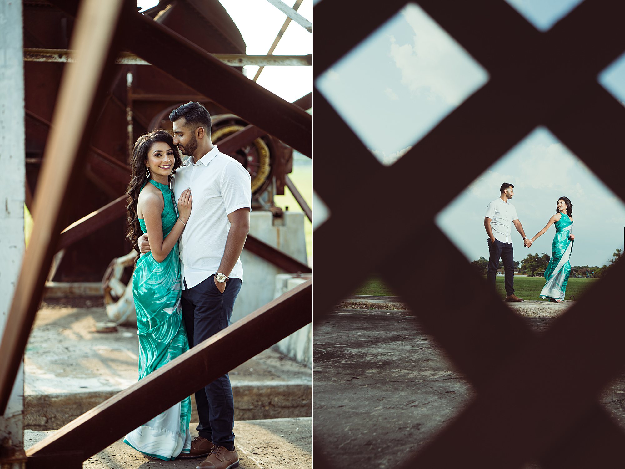 Sugar Land Imperial Factory photos with couple in green saari 