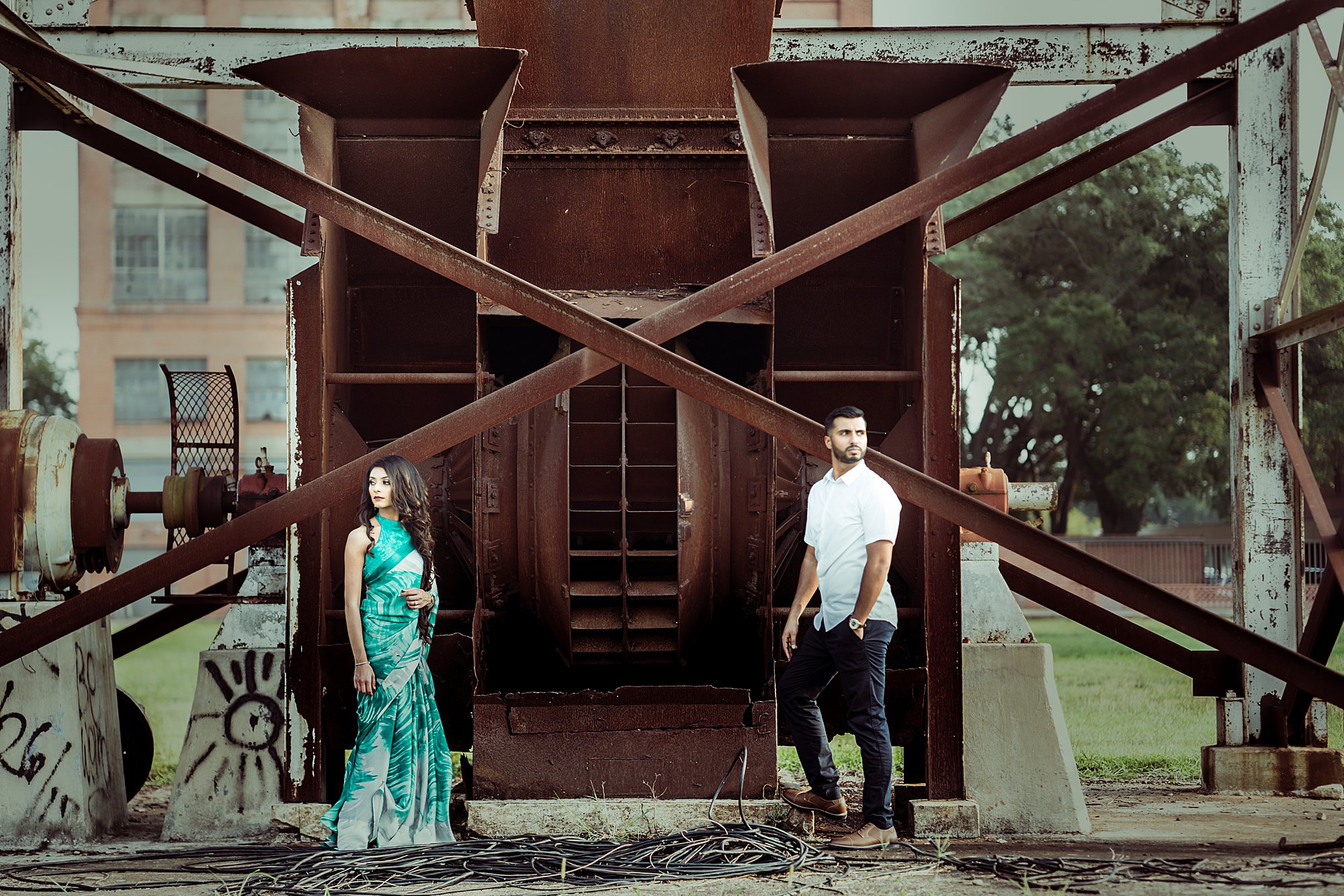 Sugar Land Imperial Factory photos with couple in green saari 