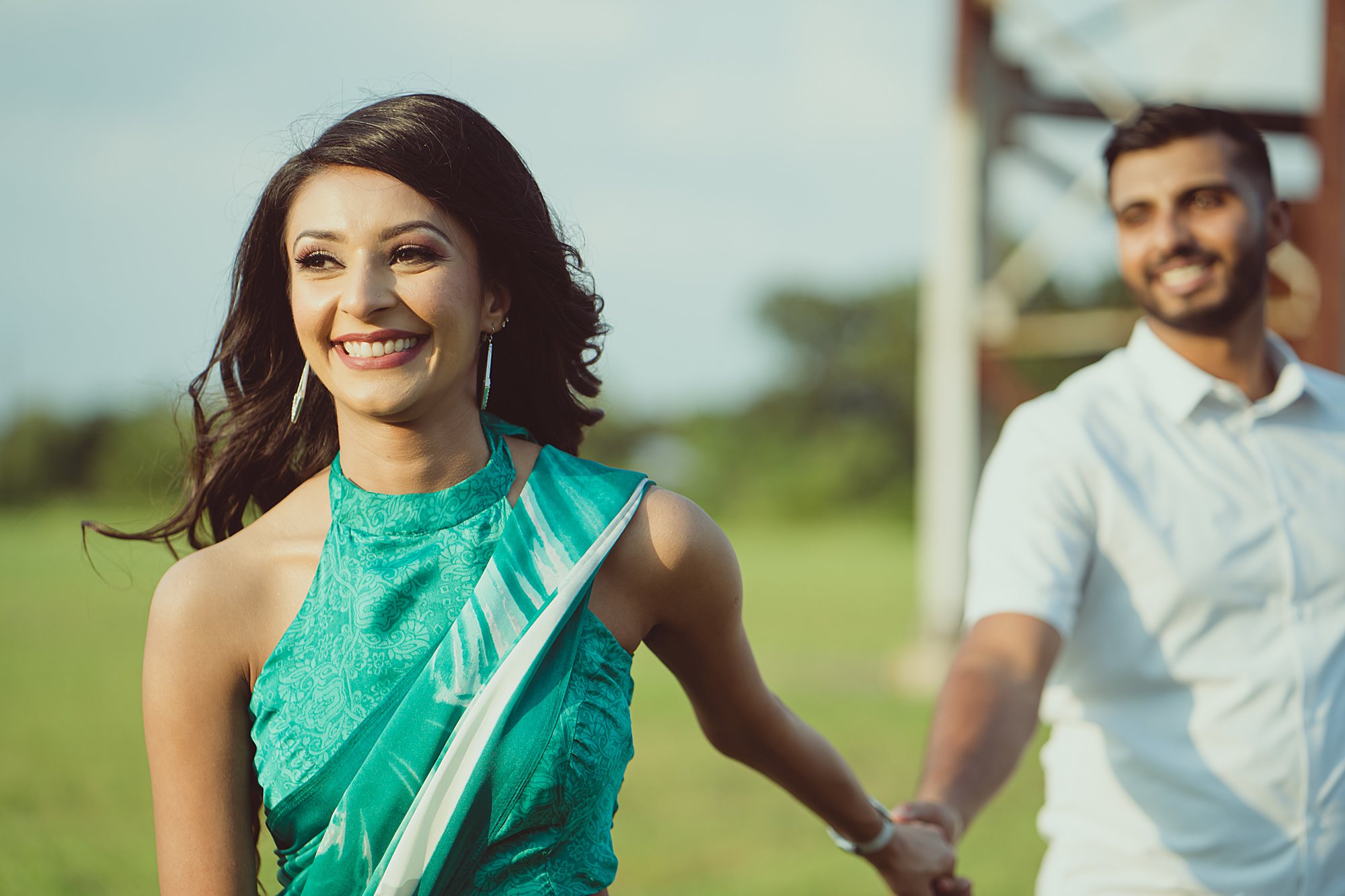 Sugar Land Imperial Factory photos with couple in green saari 