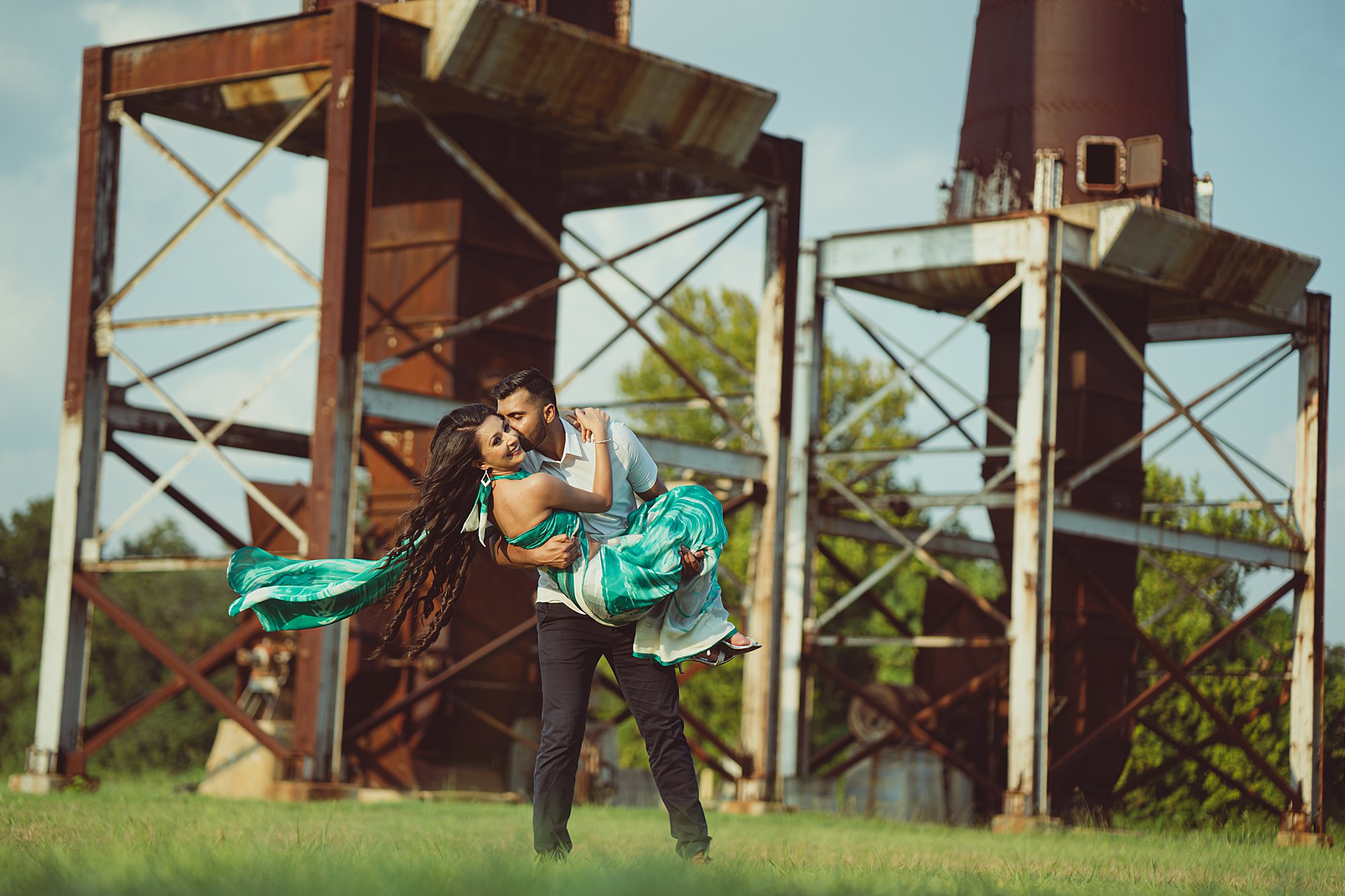 Sugar Land Imperial Factory photos with couple in green saari 